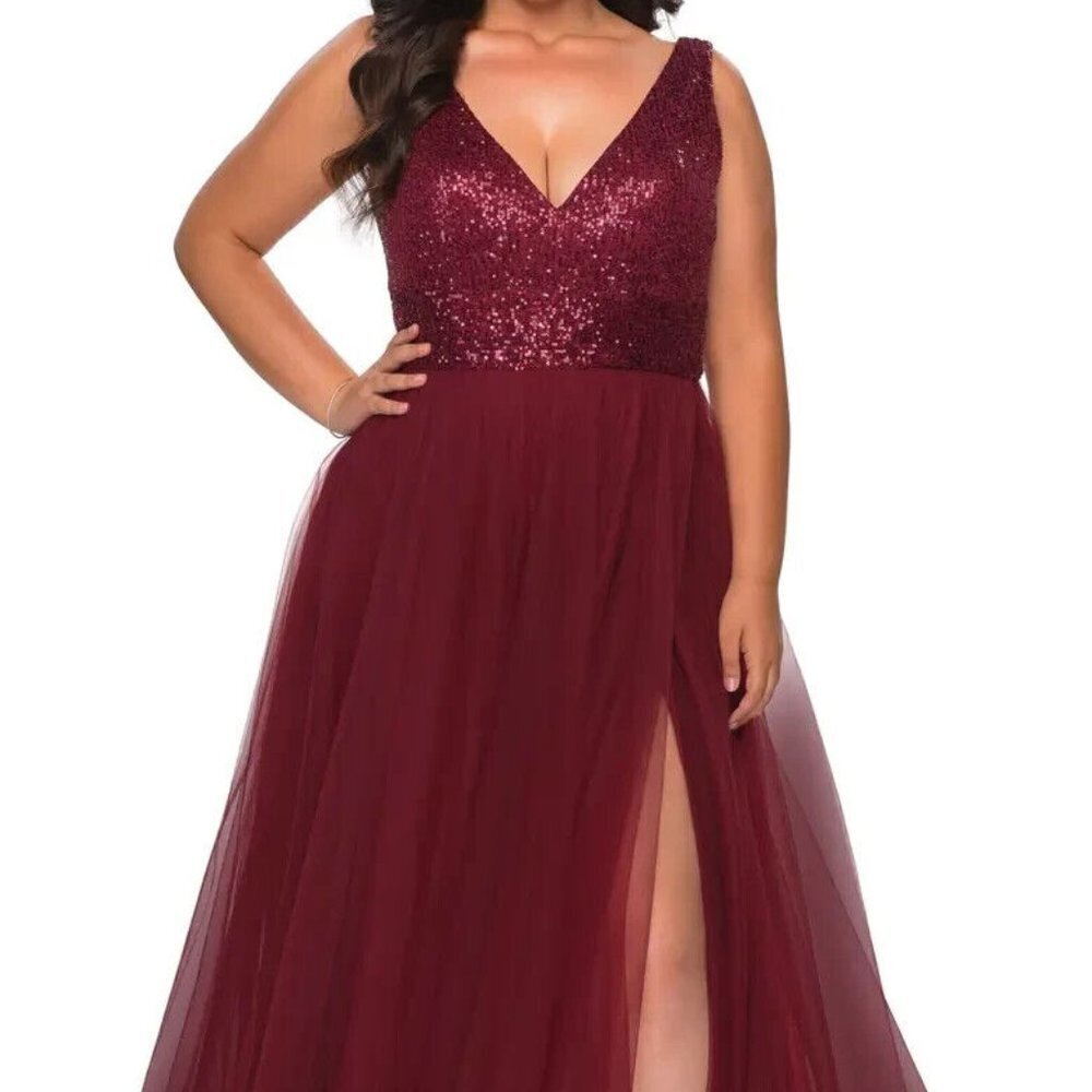 La Femme Curve Red Wine Sequin Bodice Tulle Ballgown